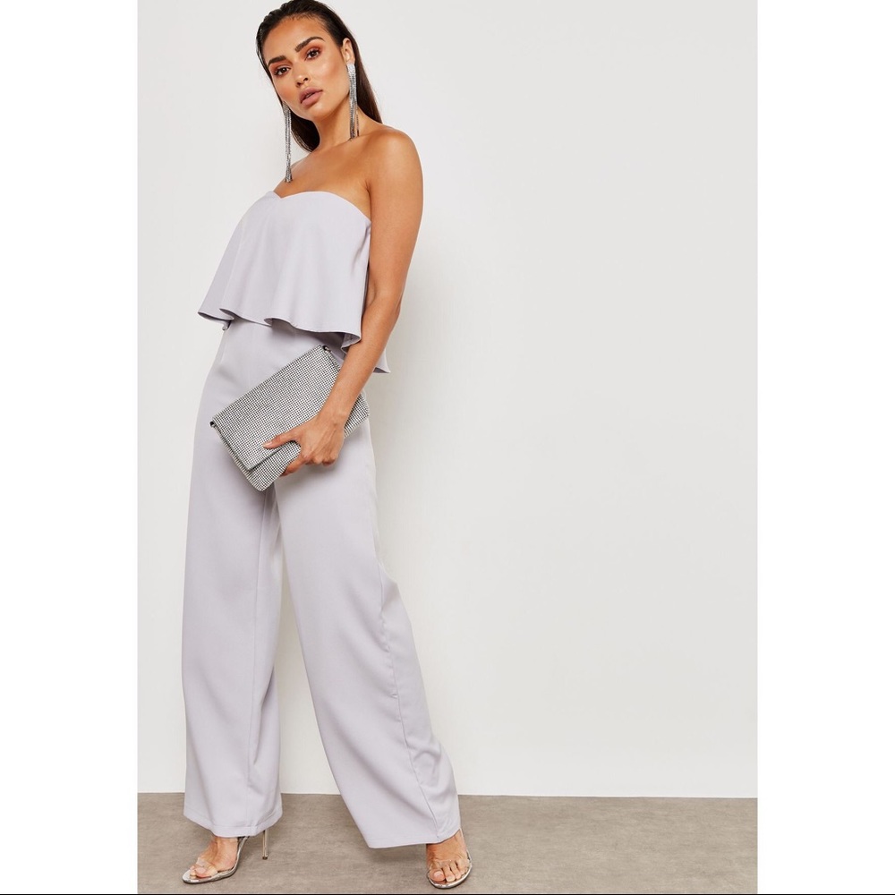 Missguided Gray Crepe Frill Wide Leg Jumpsuit